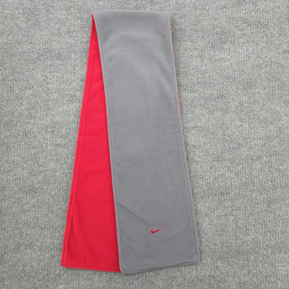 Nike Scarf Mens One Size Gray Red Reversible Fleece Swoosh Logo Winter Ski